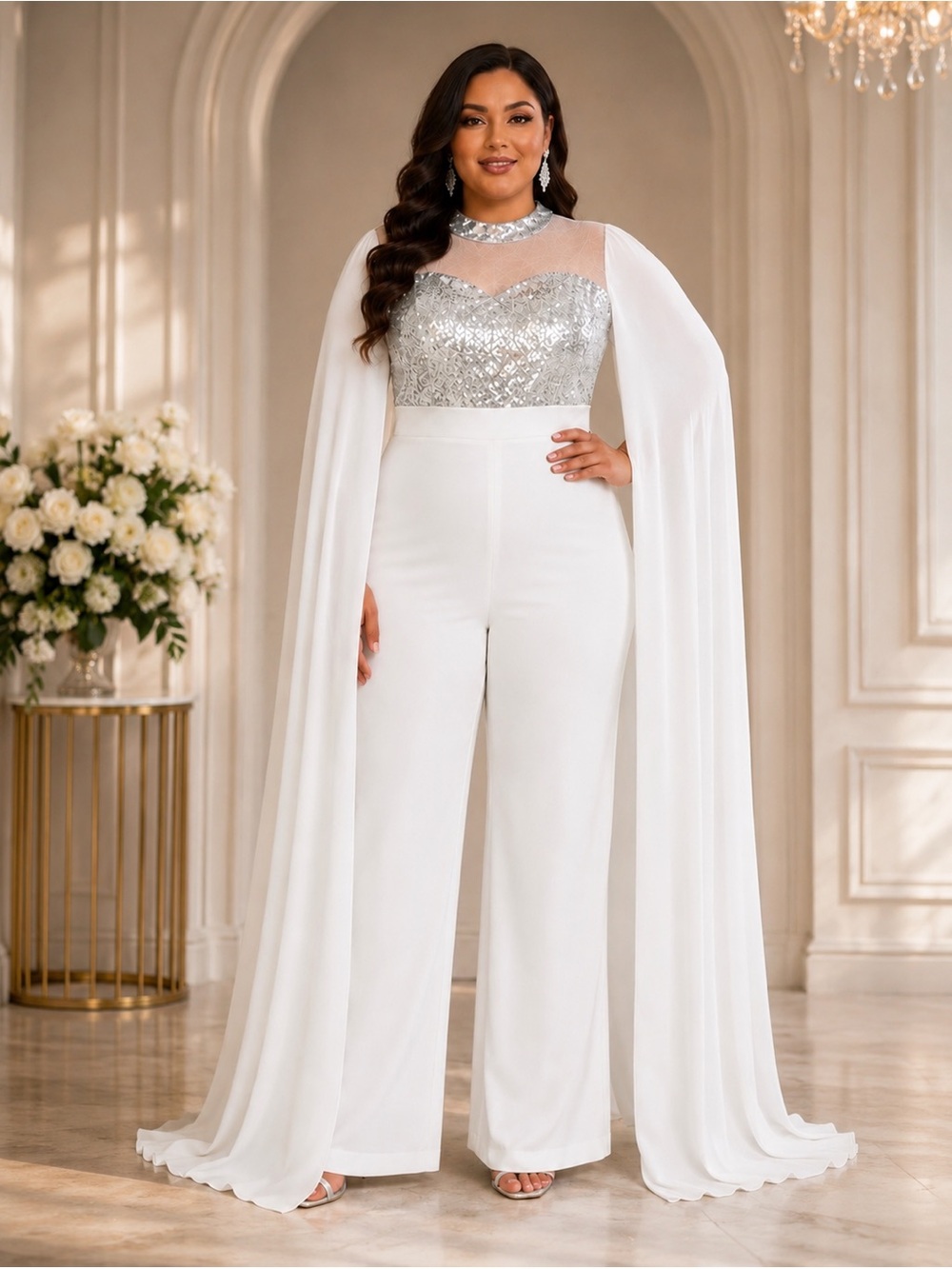 Sz 2x Celeste White With Silver Sequins Sleeve Cape Sleeve Wide-Leg Jumpsuit